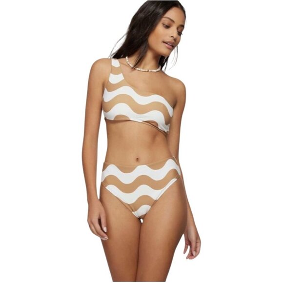 ONeill Blue Wavy Stripe One-Shoulder Bikini Top Sustainable Swimwear Size Med - Picture 1 of 4
